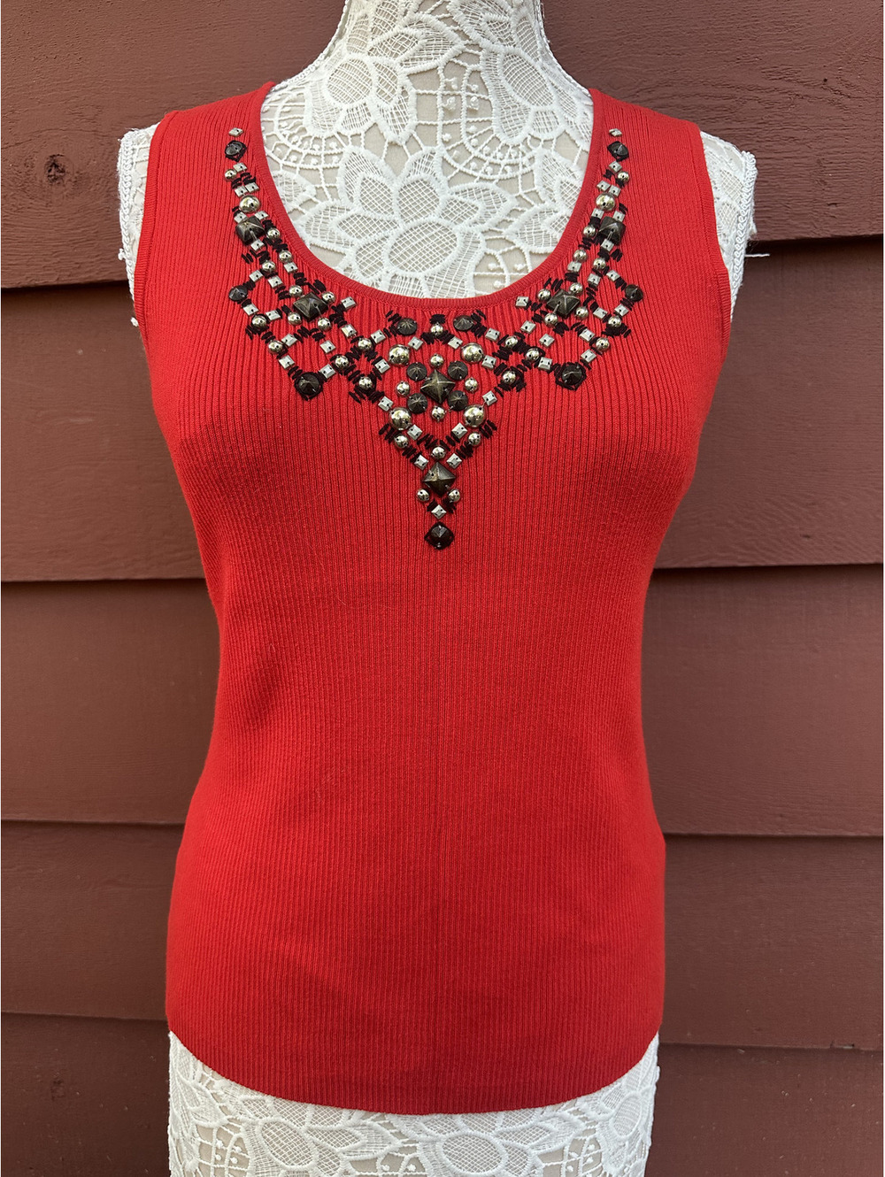 Ruby Rd. Red Ribbed Tank Top with Beaded V Neckline Y2K Indie Whimsigoth